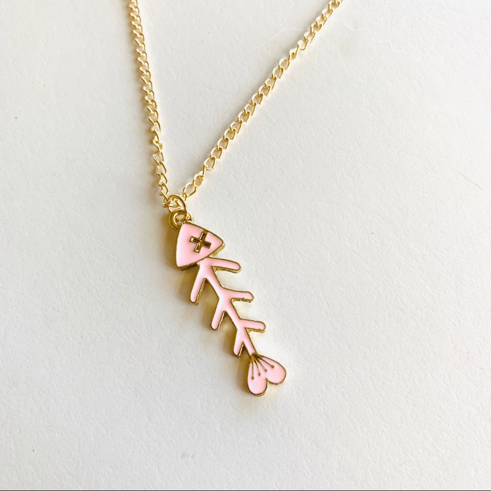 NEW 🐟 Fishbone Sakura Cute Necklace Gold